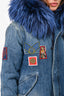 Mr & Mrs Italy Blue Denim Patch Embellished Fur Hooded Padded Jacket Size XXS