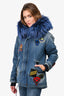 Mr & Mrs Italy Blue Denim Patch Embellished Fur Hooded Padded Jacket Size XXS