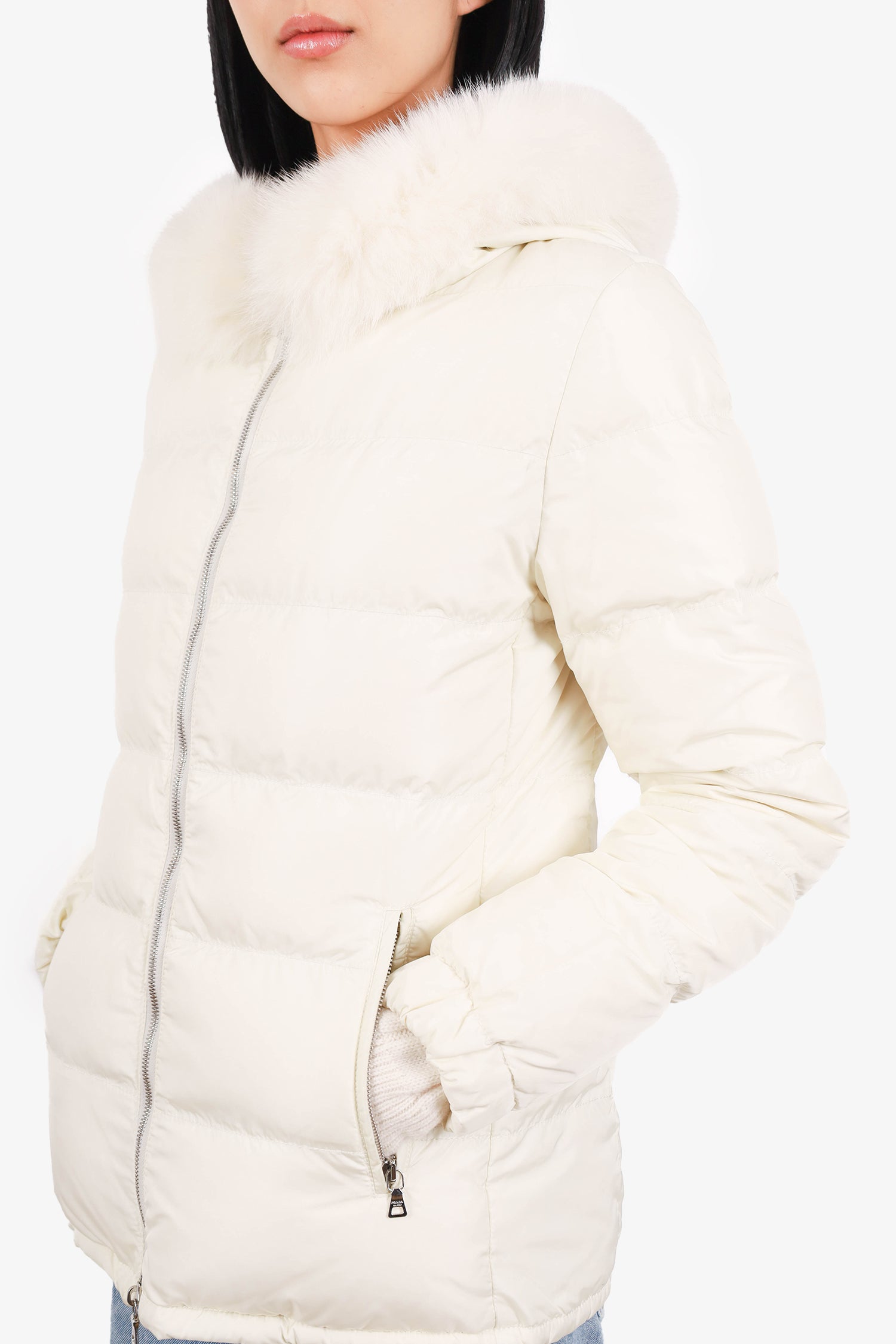 Prada Sport White Nylon Down/Fox Fur Puffer Jacket SIze 42 – Mine
