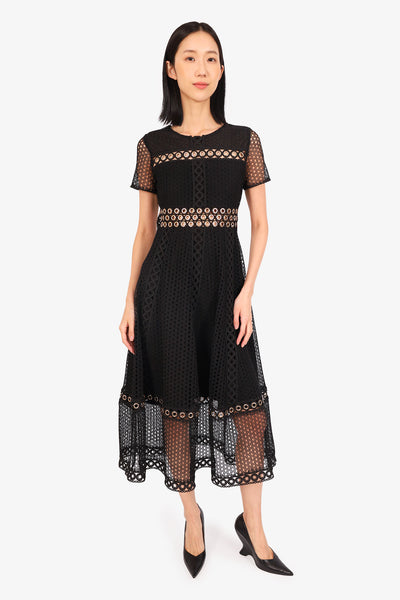 Maje Black Lace Grommet Short-Sleeve Midi Dress Size 2 – Mine & Yours