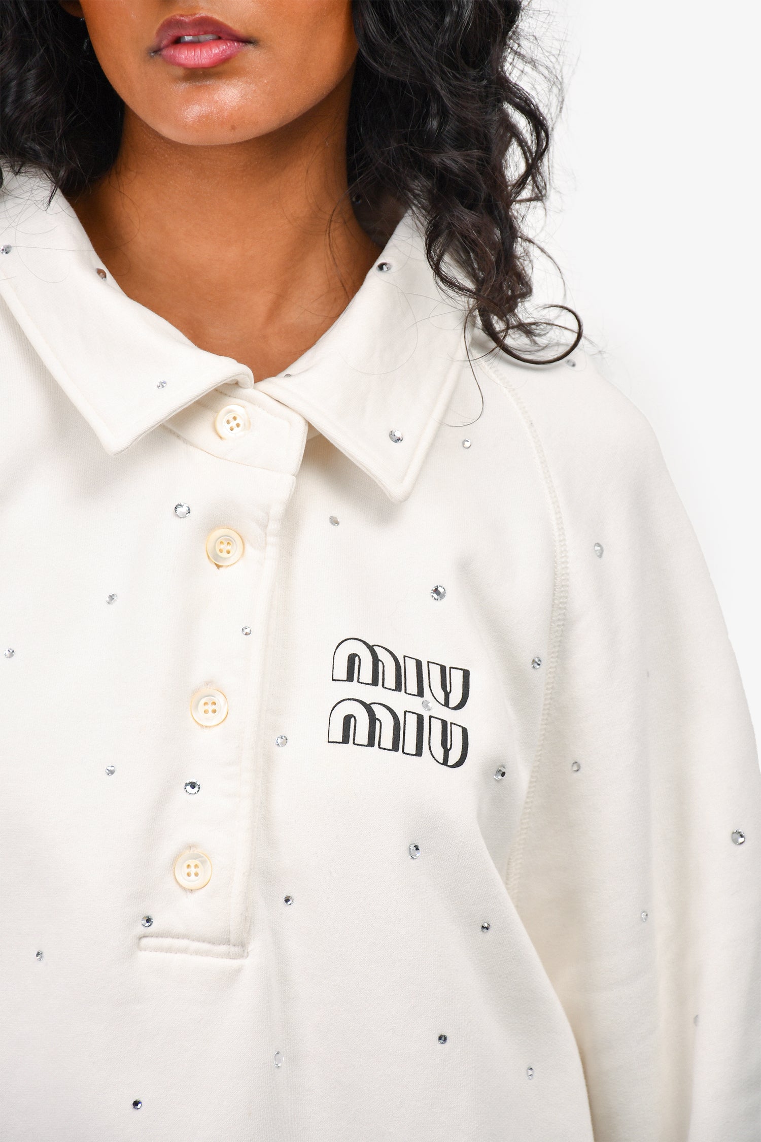 Miu Miu White Logo Crystal Embellished Oversize Polo Sweatshirt
