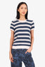Christian Dior White/Blue Linen/Cashmere Striped Knitted Short-Sleeve Top Size 8