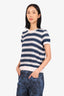 Christian Dior White/Blue Linen/Cashmere Striped Knitted Short-Sleeve Top Size 8