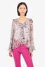Haute Hippie Grey/Yellow Silk Floral Print Ruffle Detail Blouse Size Large