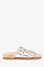 Fendi Silver Metallic Leather Shearling Lined FF Buckle Slides Size 38