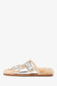 Fendi Silver Metallic Leather Shearling Lined FF Buckle Slides Size 38