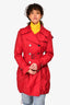 Burberry London Red Nylon Double Breasted Hooded Trench Coat Size 4 US