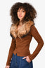 Castellani Brown Wool Fur Collared V Neck Top Estimated Size S