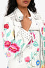 Parosh White Leather Floral Embroidered Biker Jacket Size S