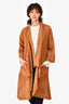 Donna Karen Brown Lambskin Leather Laser Cut Detail Draped Front Coat Size S