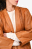 Donna Karen Brown Lambskin Leather Laser Cut Detail Draped Front Coat Size S