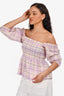 Ganni Purple Plaid Cotton Ruched Long Sleeve Top Size 34