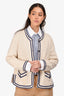 Pre-Loved Chanel™ 2015 Cream/Navy Trim Detailed Pocket Cardigan Size 44