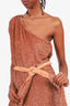 Retrofete Brown Sequin One Shoulder Belted Dress Size L