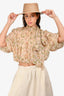 Celine Beige/Pink Printed Crepe Silk Puff Sleeve Top with Neck Tie Size 36