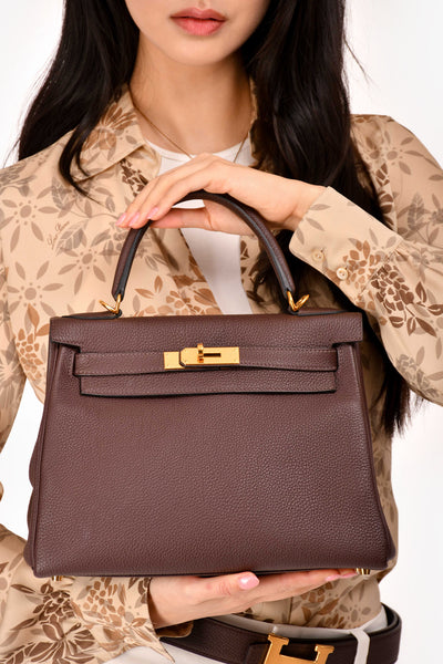 Hermès 2018 Dark Brown Togo Leather Retourne Kelly 28 with Strap