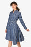 Brunello Cucinelli Navy/White Cotton Striped Belted Long Sleeve Dress Size S