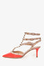 Valentino Coral Patent/Beige Leather Rockstud Cage Kitten Heels Size 36.5