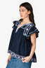 Sea New York Navy Cotton Floral Embroidered Ruffle Sleeve Top Size M