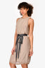 Brunello Cucinelli Taupe Silk Stud Embellished Belted Mini Dress Size 6