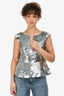 Oscar de la Renta Silver Sequin V-Neck Cap Sleeve Top Size 2