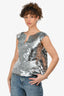 Oscar de la Renta Silver Sequin V-Neck Cap Sleeve Top Size 2