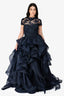 Reem Acra Navy Silk Embroidered Tiered Ruffled Gown Est. Size M