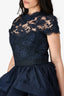 Reem Acra Navy Silk Embroidered Tiered Ruffled Gown Est. Size M