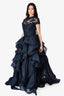 Reem Acra Navy Silk Embroidered Tiered Ruffled Gown Est. Size M