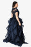 Reem Acra Navy Silk Embroidered Tiered Ruffled Gown Est. Size M