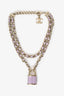 Pre-Loved Chanel™ 2018 Gold Toned Chain/Metallic Purple Leather CC Lock Pendant Choker Necklace