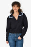 Sandro Navy Wool Blend Embroidered Collar V-Neck Sweater Size 0