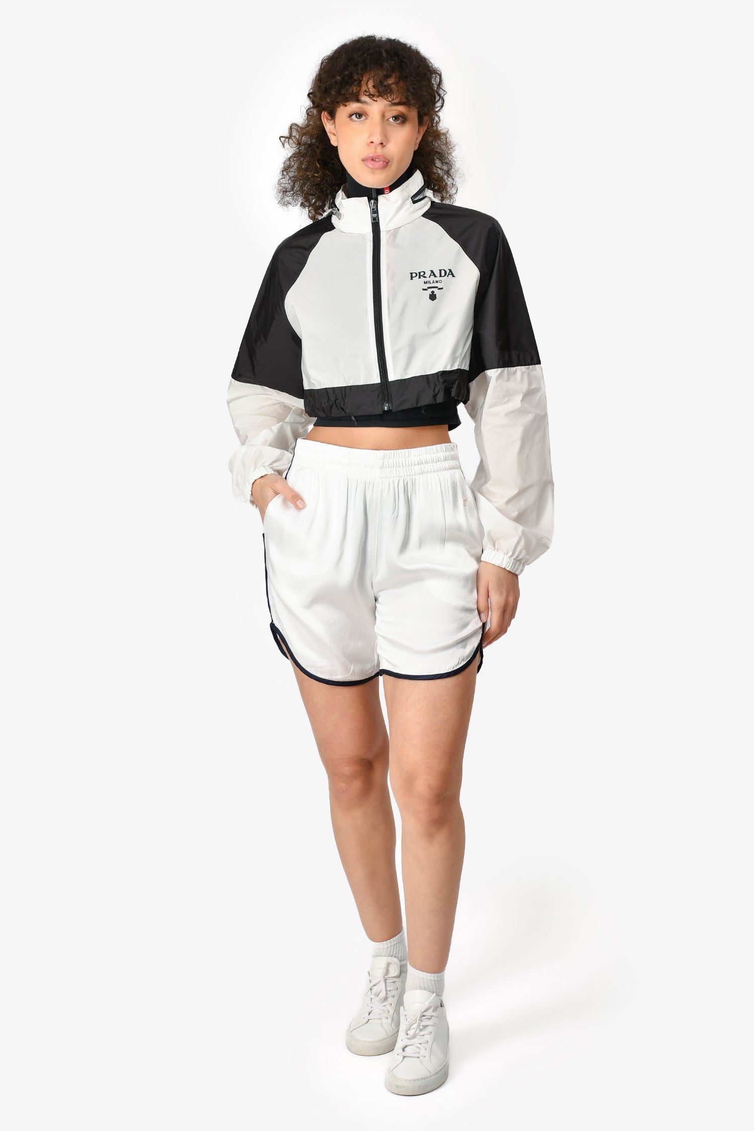 Prada White/Black Re-Nylon Logo Cropped Zip Windbreaker Jacket