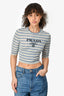 Prada Blue Striped Virgin Wool Ribbed Knit Logo 3/4 Sleeve Top Size 40