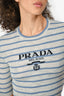 Prada Blue Striped Virgin Wool Ribbed Knit Logo 3/4 Sleeve Top Size 40