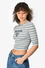 Prada Blue Striped Virgin Wool Ribbed Knit Logo 3/4 Sleeve Top Size 40