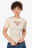 Prada Cream/Brown Ribbed Knit Logo 3/4 Sleeve Top Size 36