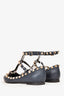 Valentino Navy Blue Grained Leather Rockstud Cage Flats Size 35