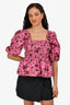 Ganni Pink/Black Floral Printed Off Shoulder Cropped Top Size 38