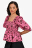 Ganni Pink/Black Floral Printed Off Shoulder Cropped Top Size 38