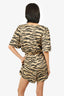 Ganni Black/Beige Crinkled Satin Animal Print Short Sleeve Top with Shorts Set Size 40