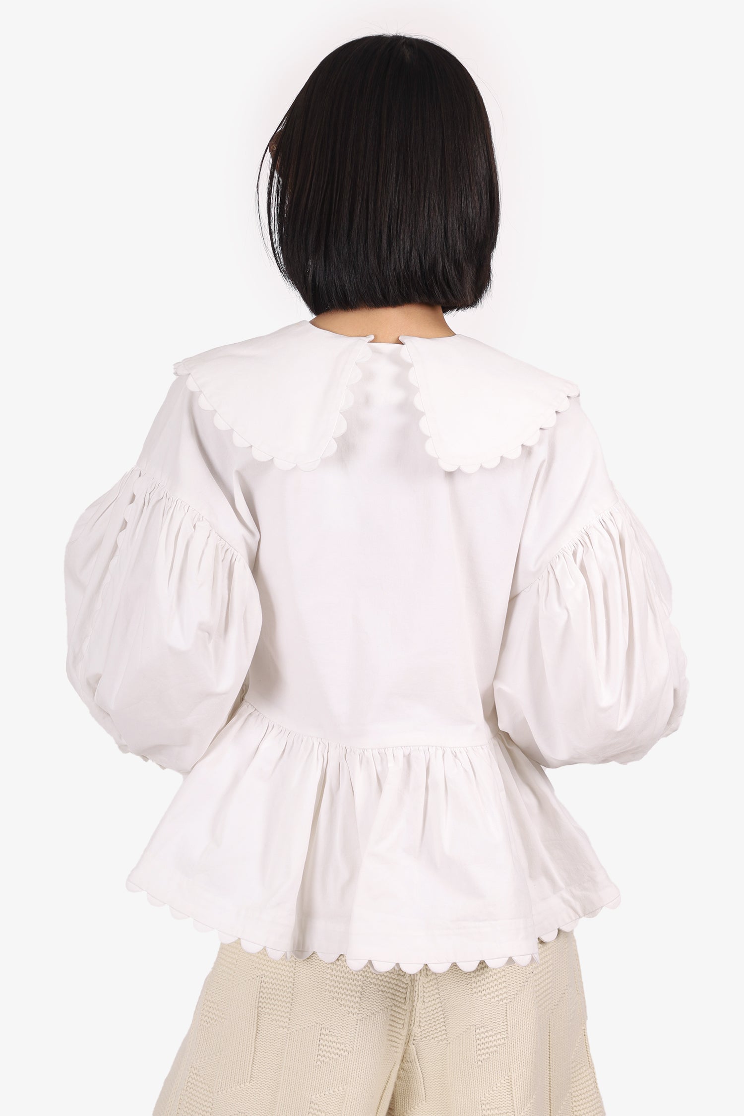Kika Vargas White Scallop-Trim Puffy-Sleeve Top with Removable