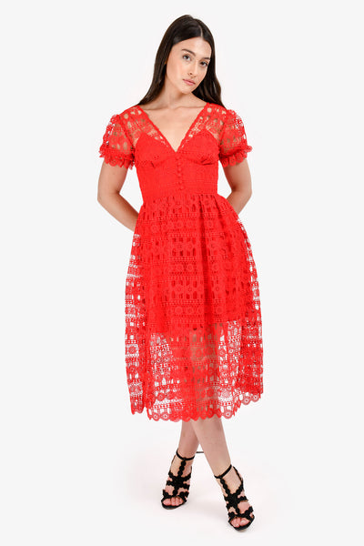 self portrait red lace midi dress Self Portrait Red Lace Midi Dress Size 4 – Mine & Yours