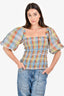 Ganni Blue/Multi CheckPuff-Sleeve Top Size 34