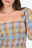 Ganni Blue/Multi CheckPuff-Sleeve Top Size 34