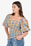 Ganni Blue/Multi CheckPuff-Sleeve Top Size 34