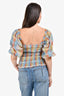 Ganni Blue/Multi CheckPuff-Sleeve Top Size 34