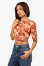 Ganni Brown/Cream Floral Print Cropped Top Size 38