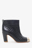 Pre-Loved Chanel™ Black Leather/Metal Cap Toe Quilted Ankle Boots Size 36.5