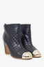 Pre-Loved Chanel™ Black Leather/Metal Cap Toe Quilted Ankle Boots Size 36.5